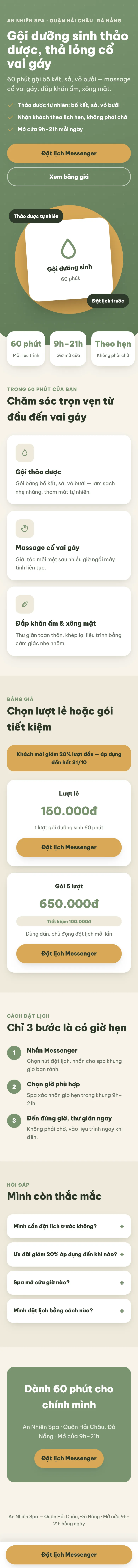 Trang đặt lịch spa gội đầu dưỡng sinh: trang trên điện thoại